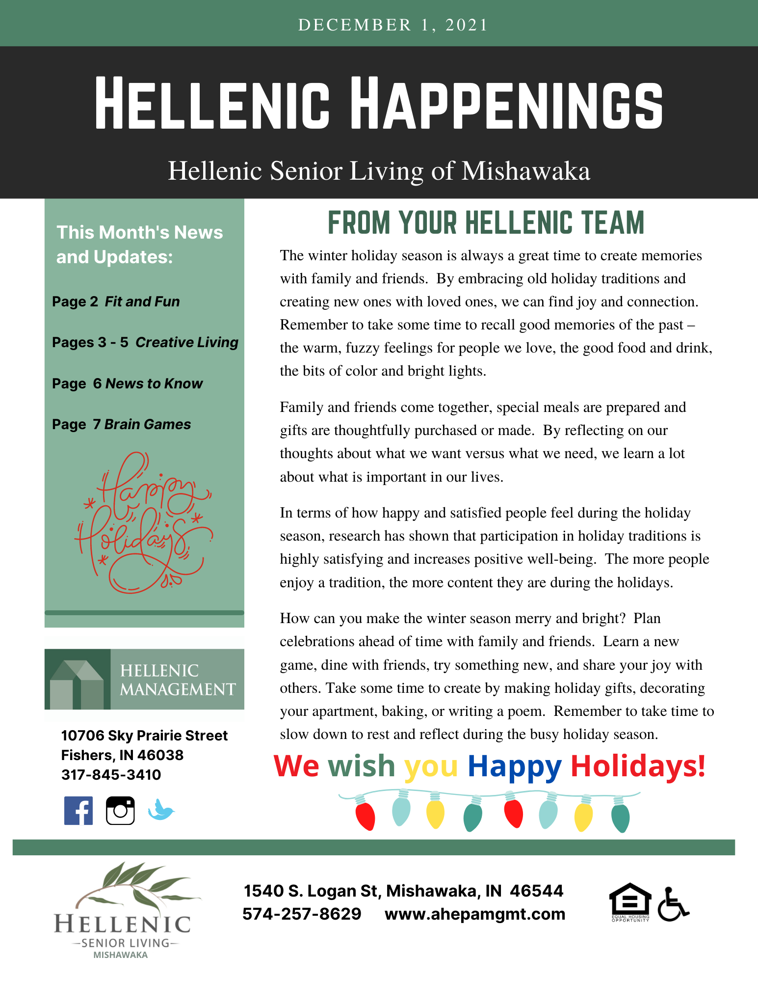 Hellenic Happenings December Newsletter for residents, page 1.