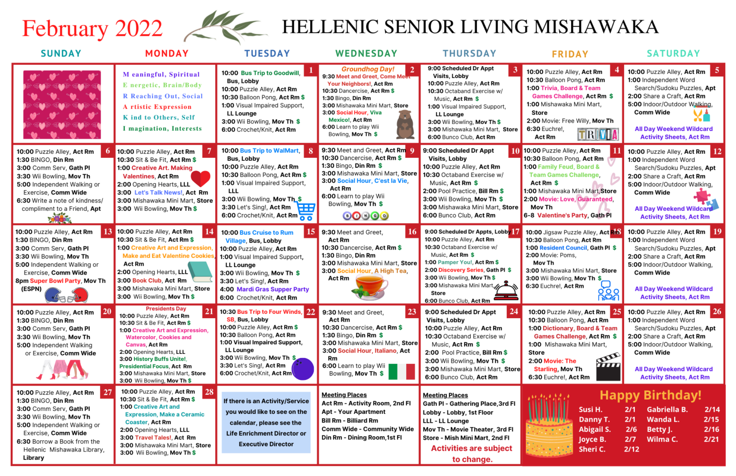 Hellenic Senior Living of Mishawaka Activity Calendar