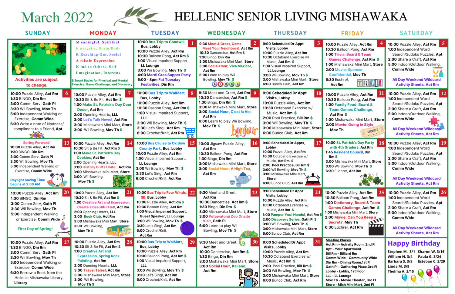 March Activity Calendar for Hellenic Senior Living