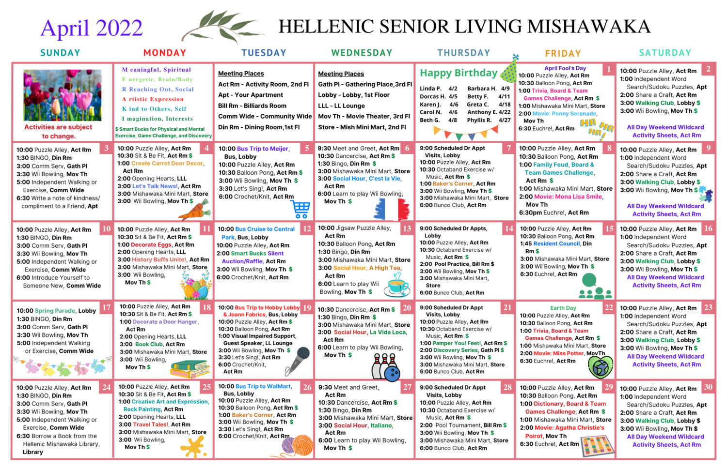 Hellenic Senior Living of Mishawaka Activity Calendar